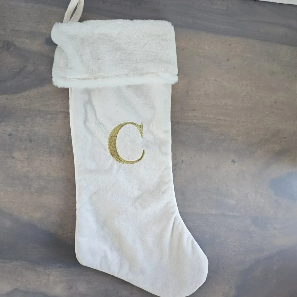 White Plush Cuffed Hanging Christmas Stocking With Gold Monogrammed 
